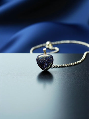 Heart-Shaped Blue Sunsitara(Blue Goldstone)Pendant with Silver-Plated Chain – Crystal for Ambition, Confidence, and Soothing Energy