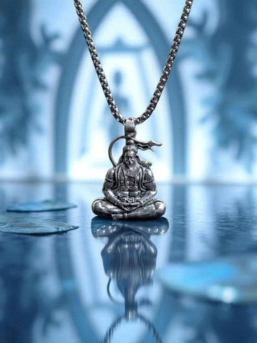 Meditating Hanuman Pendant with Silver-Tone Finish – Spiritual Necklace for Peace, Strength & Inner Power