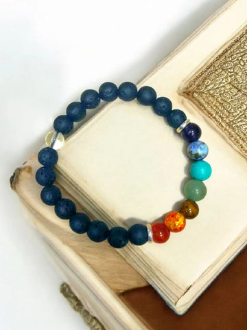 7 Chakra Bracelet with Clear Quartz & Lava Stones - Real Healing Crystals