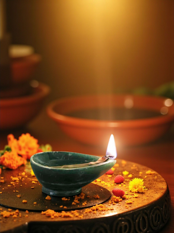 Green Aventurine Crystal Diya – Natural Healing Stone Oil Lamp for Puja, Meditation & Festive Home Decor