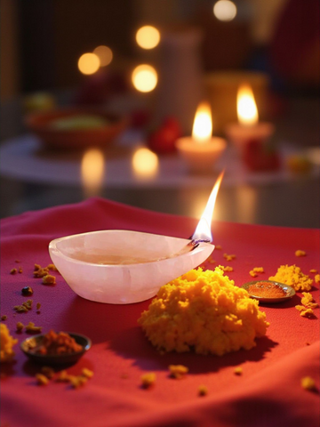 Rose Quartz Crystal Diya – Natural Healing Stone Oil Lamp for Puja, Meditation & Festive Decor