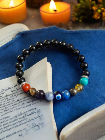 9 Chakra Crystal Bracelet with Evil Eye & Black Tourmaline for Protection