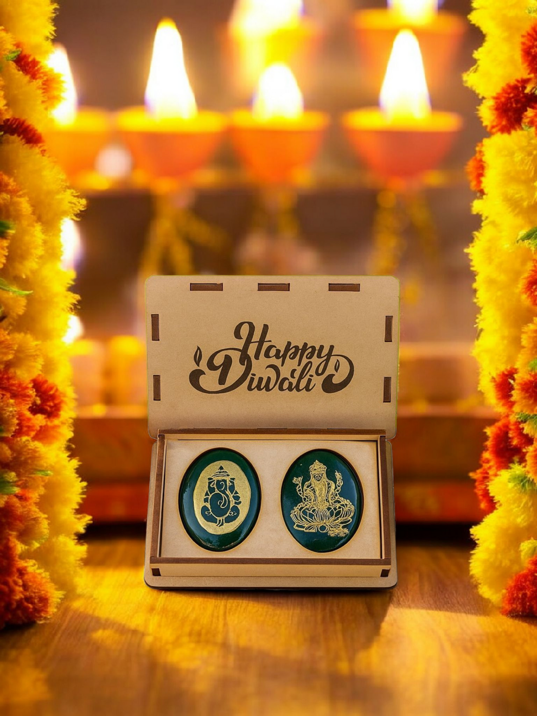 Green Jade Lakshmi & Ganesha Coin Set – Sacred Prosperity Stones for Diwali, Puja & Wealth Attraction