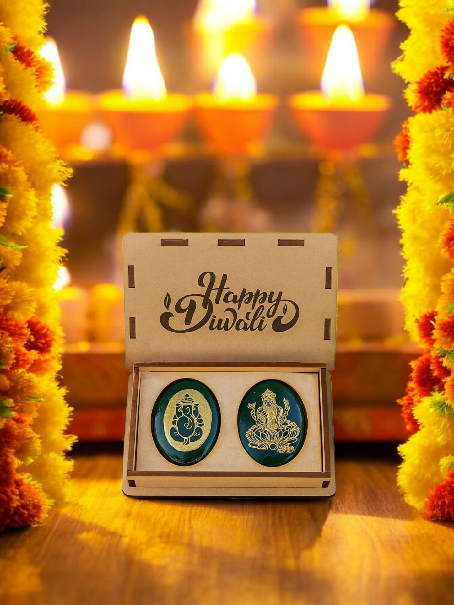 Green Jade Lakshmi & Ganesha Coin Set – Sacred Prosperity Stones for Diwali, Puja & Wealth Attraction