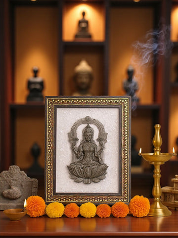 Lakshmi Mata 3D Frame in Pyrite & Selenite – Divine Goddess Laxmi on Lotus for Puja, Temple & Spiritual Home Decor