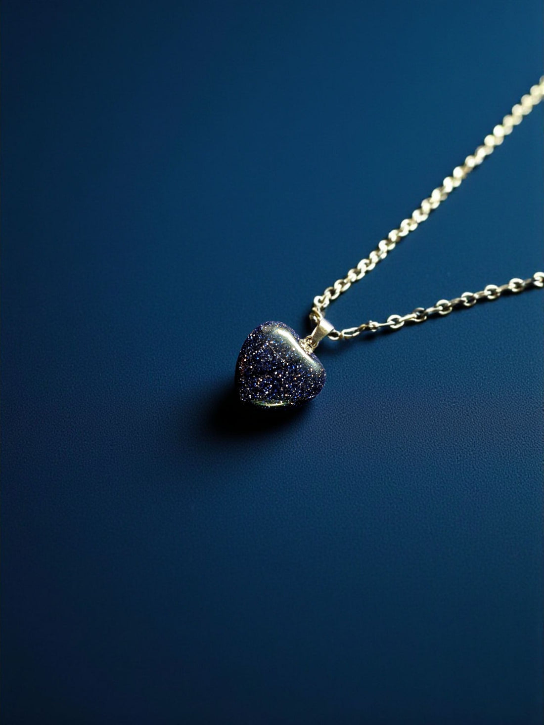 Heart-Shaped Blue Sunsitara(Blue Goldstone)Pendant with Silver-Plated Chain – Crystal for Ambition, Confidence, and Soothing Energy