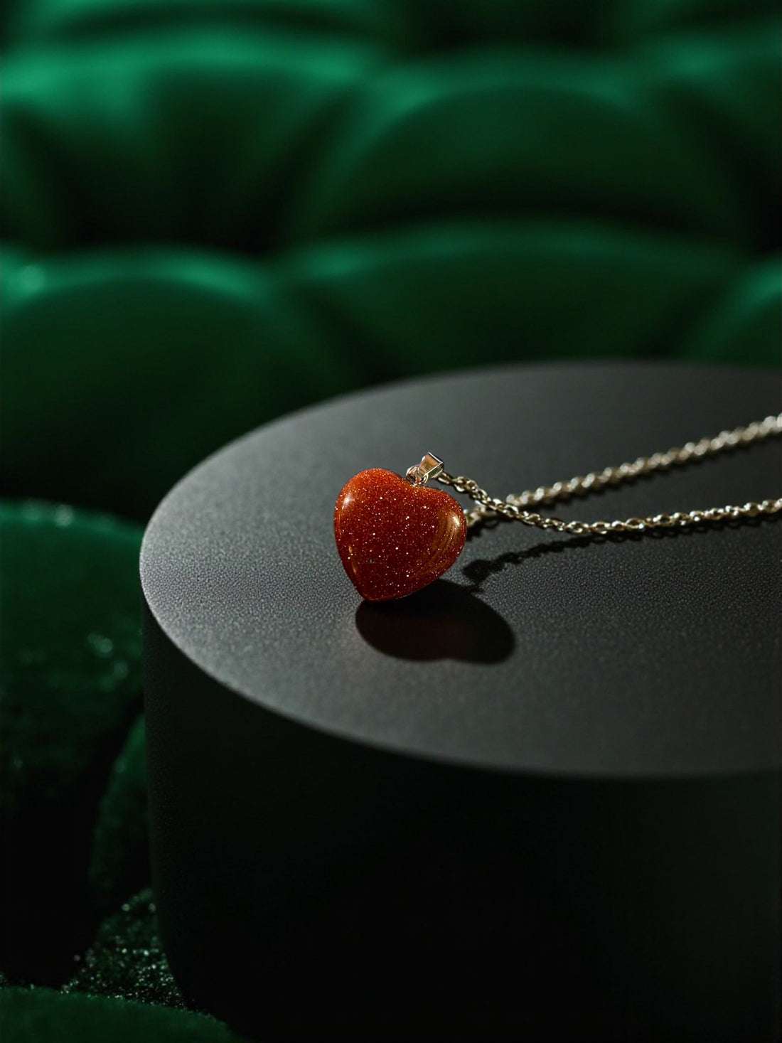 Heart-Shaped Brown Sunsitara(Brown Goldstone)Pendant with Silver-Plated Chain – Crystal for Confidence, Vitality, and Motivation
