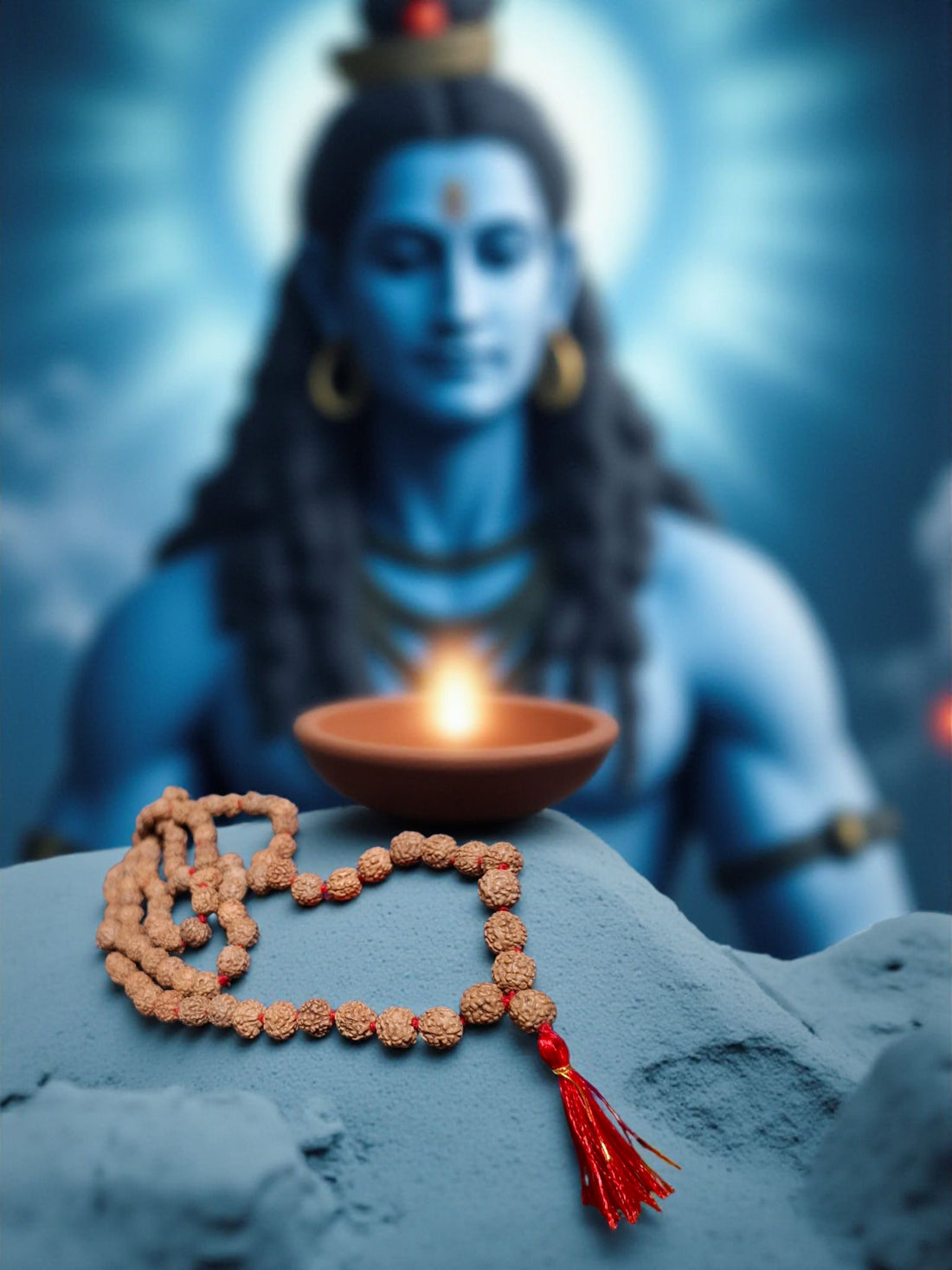 Rudraksha mala with incense in front of Lord Shiva idol under moonlight