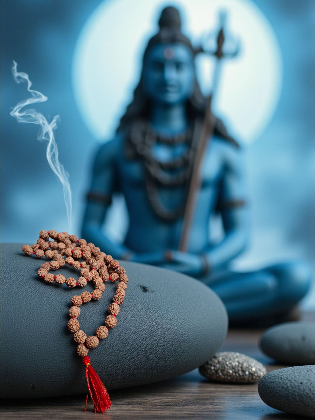 Rudraksha mala with incense in front of Lord Shiva idol under moonlight
