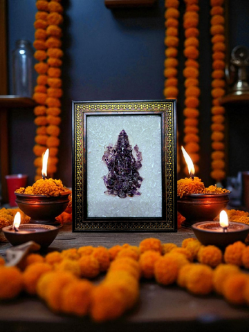 Ganesh Ji Amethyst 3D Frame with Selenite – Divine Vighnaharta Idol for Puja, Temple & Spiritual Home Decor