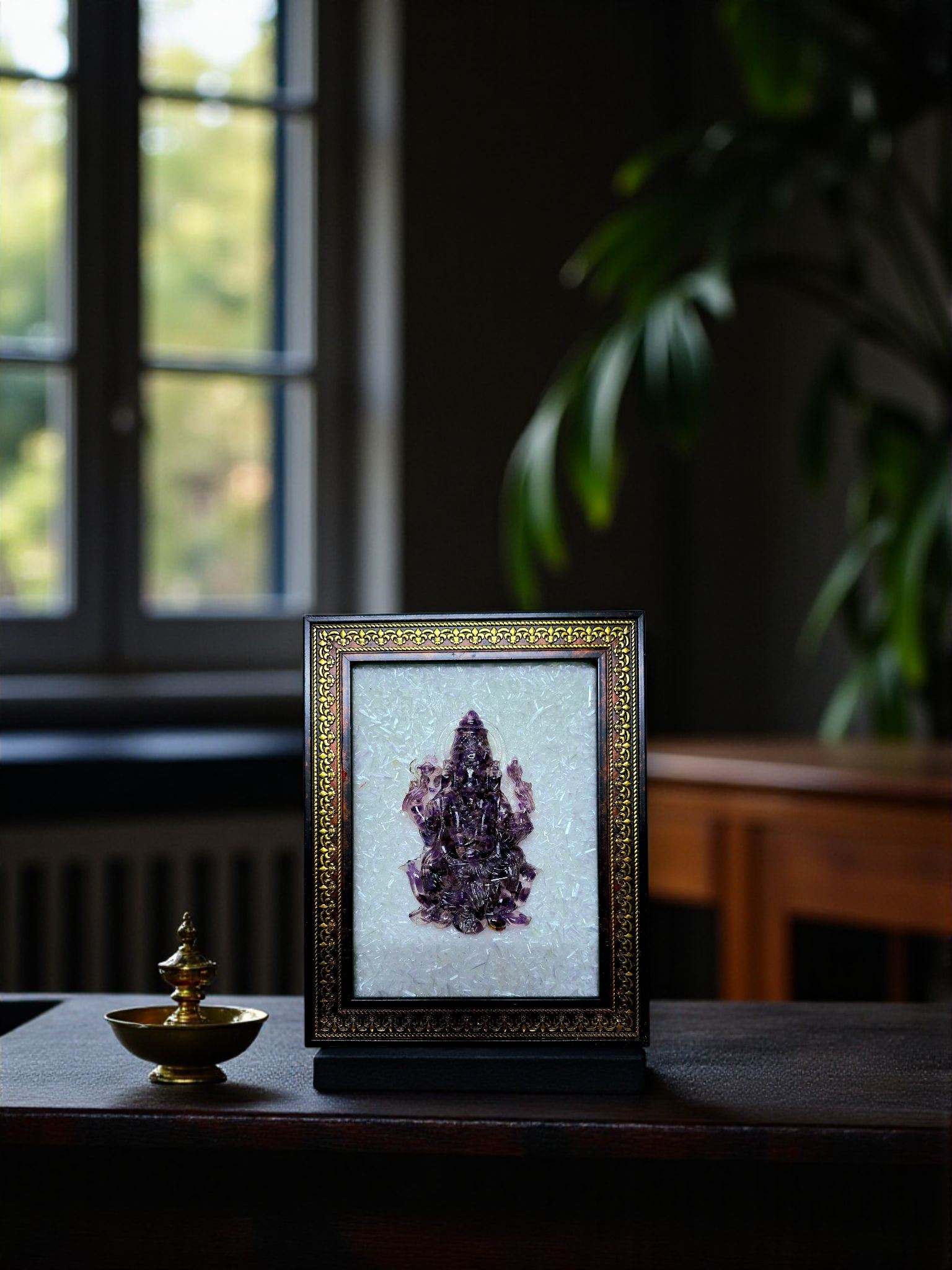 Ganesh Ji Amethyst 3D Frame with Selenite – Divine Vighnaharta Idol for Puja, Temple & Spiritual Home Decor