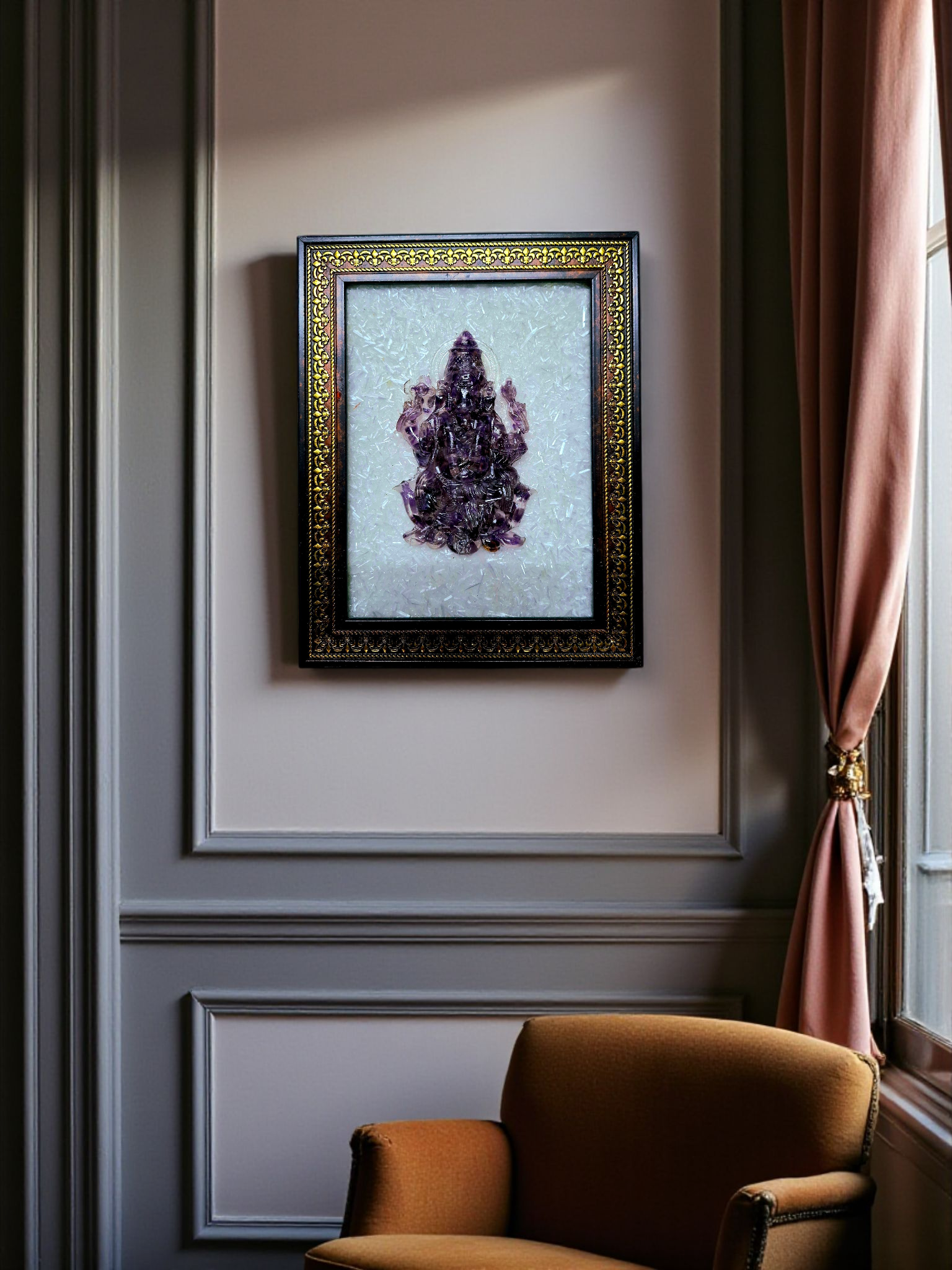 Ganesh Ji Amethyst 3D Frame with Selenite – Divine Vighnaharta Idol for Puja, Temple & Spiritual Home Decor
