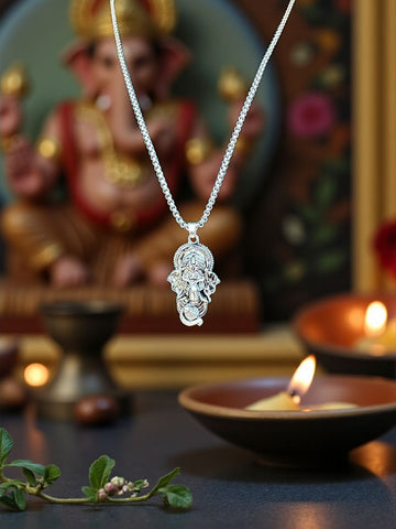 Silver Lord Ganesha Pendant with Chain – Spiritual Jewelry for Wisdom, Protection & Prosperity | Unisex Devotional Necklace