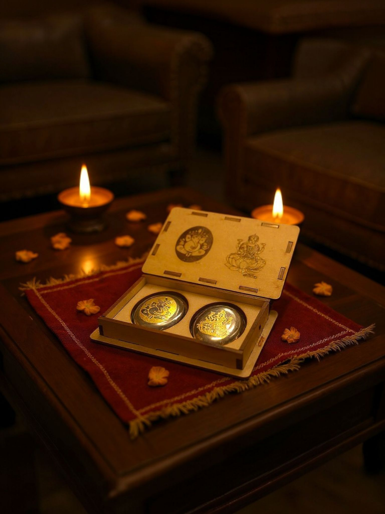 Pyrite Lakshmi & Ganesha Coin Set – Divine Prosperity Stones for Wealth, Success & Positive Energy