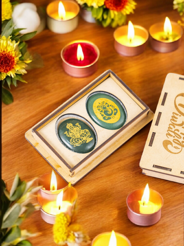Green Jade Lakshmi & Ganesha Coin Set – Sacred Prosperity Stones for Diwali, Puja & Wealth Attraction