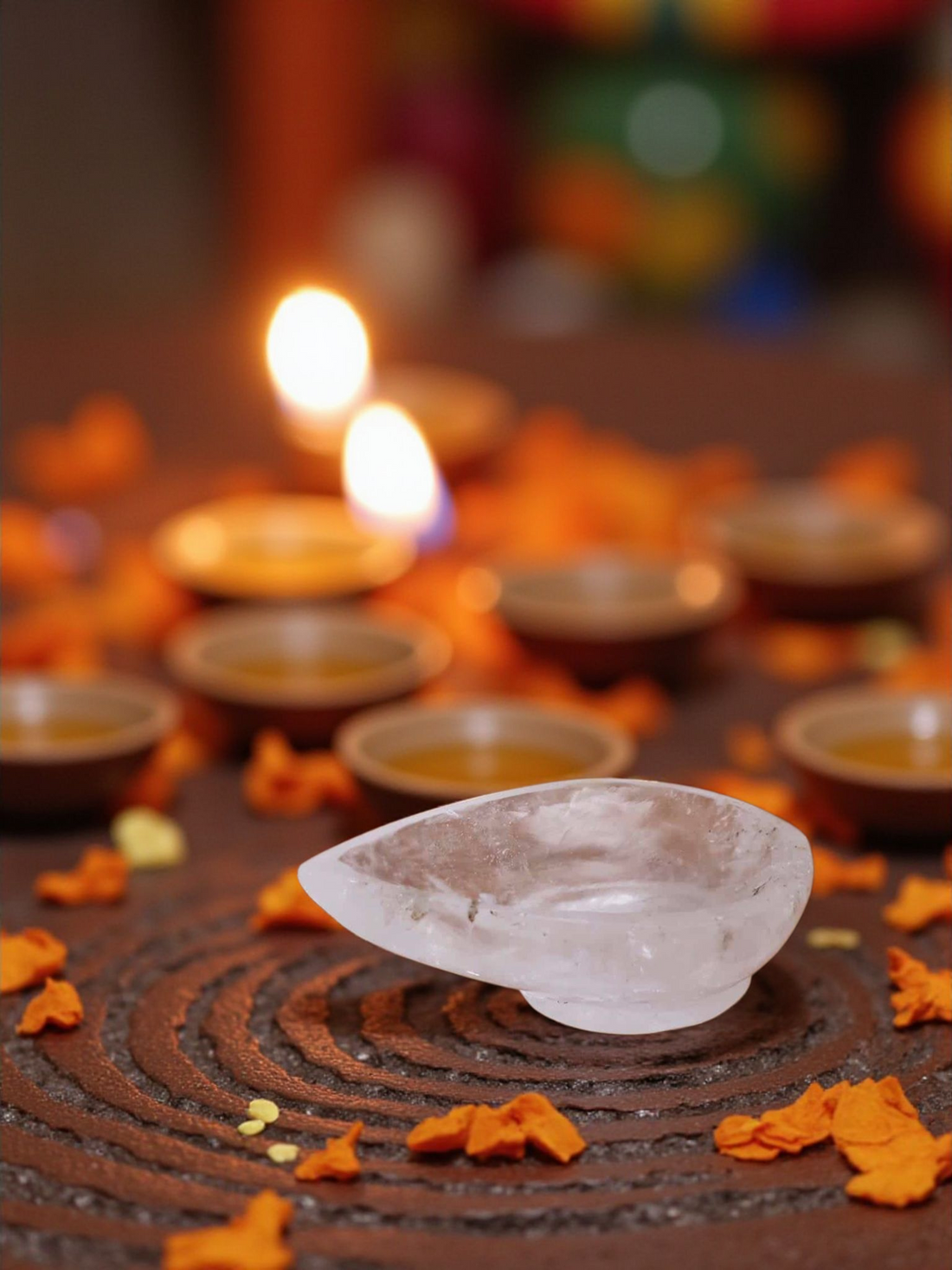 Clear Quartz Crystal Diya – Natural Sphatik Healing Stone Oil Lamp for Puja, Meditation & Festive Home Decor