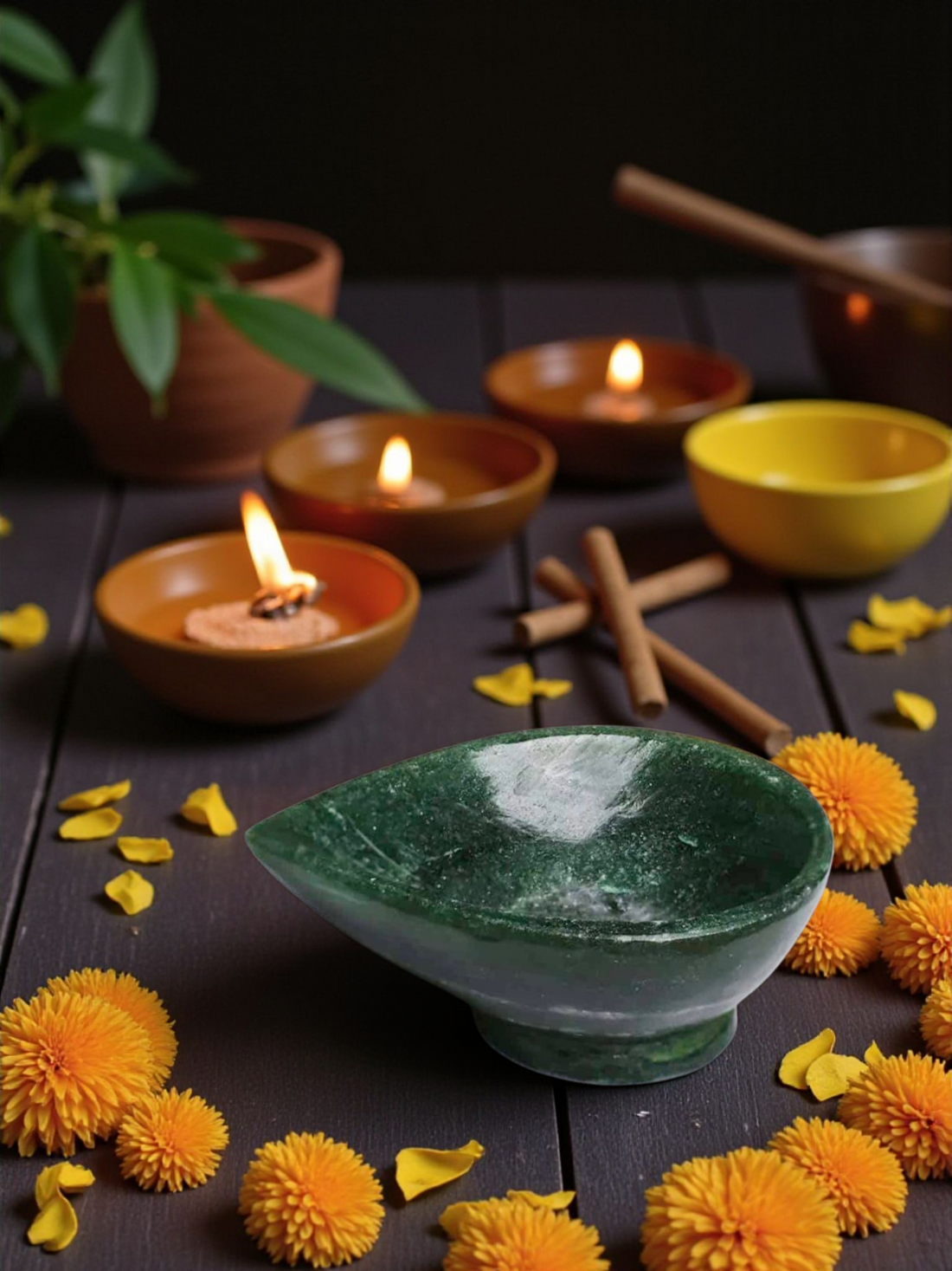 Green Aventurine Crystal Diya – Natural Healing Stone Oil Lamp for Puja, Meditation & Festive Home Decor