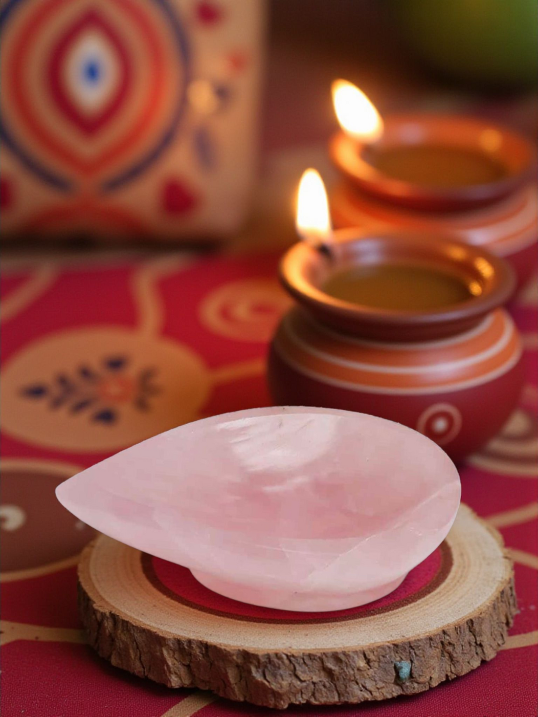 Rose Quartz Crystal Diya – Natural Healing Stone Oil Lamp for Puja, Meditation & Festive Decor
