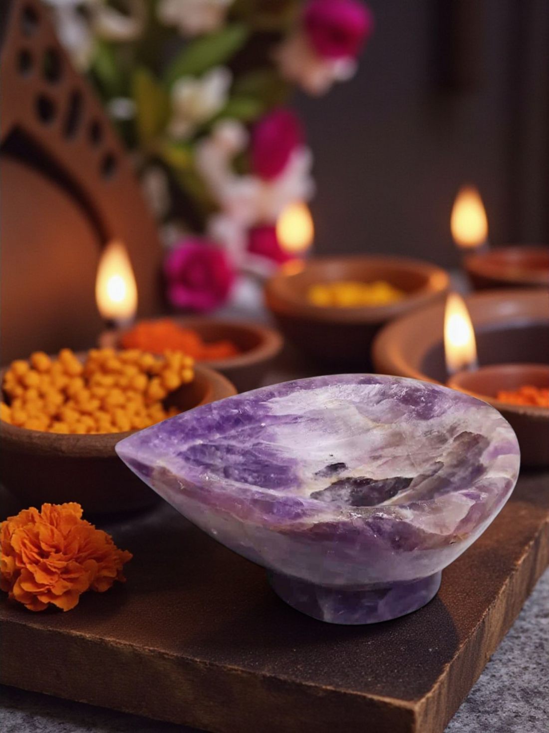 Amethyst Crystal Diya for Pooja, Meditation & Festive Decor – Healing Stone Oil Lamp with Positive Energy