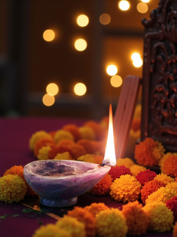 Amethyst Crystal Diya for Pooja, Meditation & Festive Decor – Healing Stone Oil Lamp with Positive Energy
