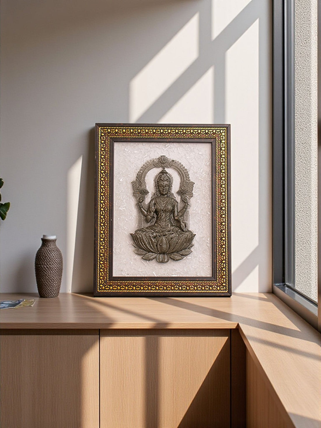 Lakshmi Mata 3D Frame in Pyrite & Selenite – Divine Goddess Laxmi on Lotus for Puja, Temple & Spiritual Home Decor