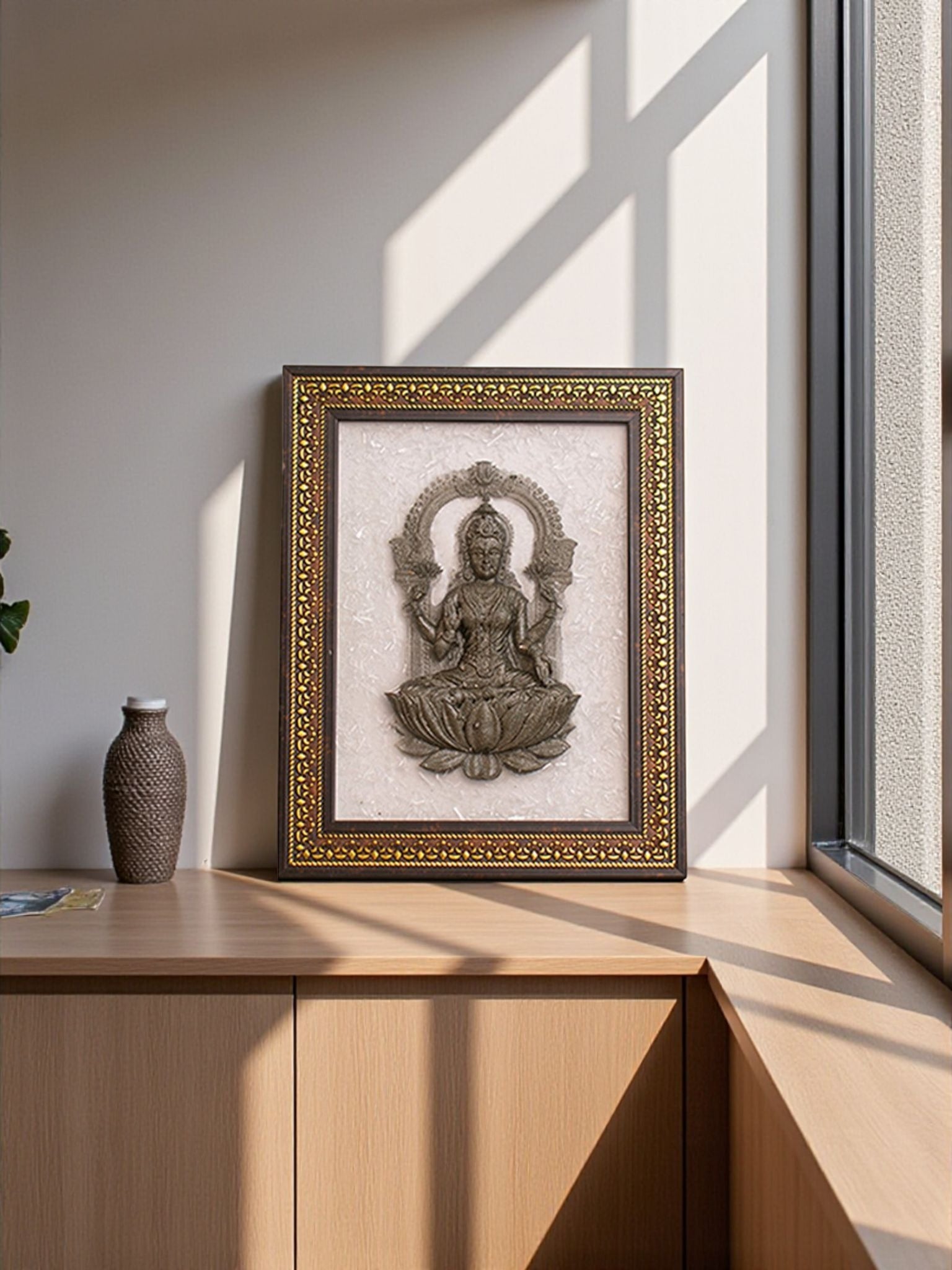 Lakshmi Mata 3D Frame in Pyrite & Selenite – Divine Goddess Laxmi on Lotus for Puja, Temple & Spiritual Home Decor